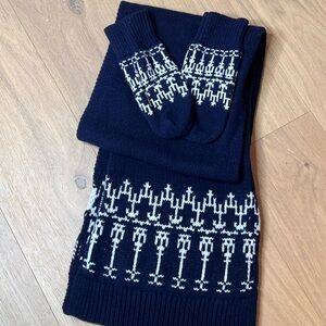 Tory Burch Sport Navy & White Fair Isle Sweater Knit Scarf & Mittens New $198